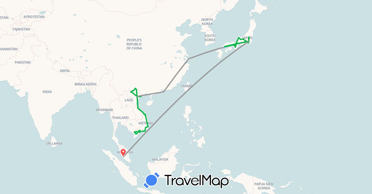 TravelMap itinerary: driving, bus, plane, hiking, boat in China, Hong Kong, Japan, Malaysia, Vietnam (Asia)